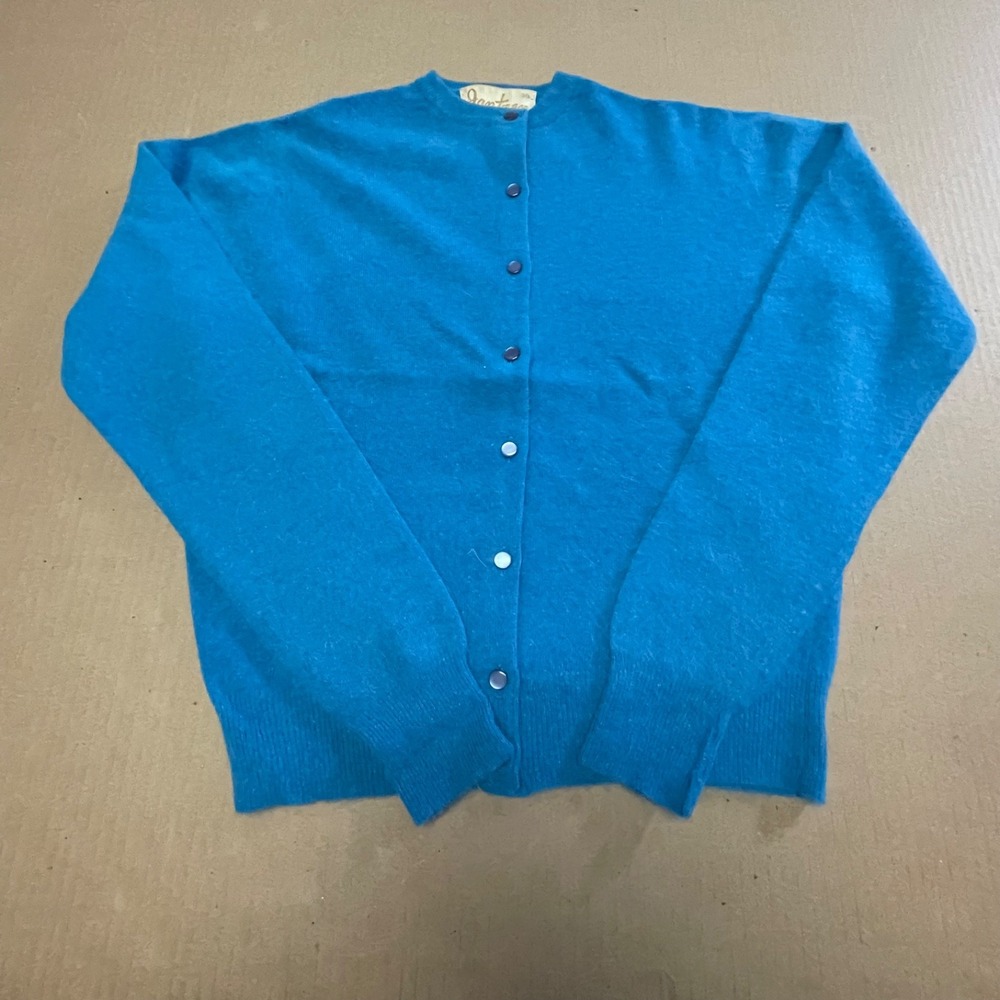 Vintage 1960s Jantzen Wool Crewneck Cardigan Sweater Size 36 Turquoise Blue Sz S
